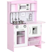 HOMCOM Wooden Play Kitchen with Lights Sounds, Kids Kitchen Playset with Water Dispenser, Microwave, Utensils, Sink, Gift for 3-6 Years Old, Pink