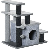 PawHut Cat Stairs with Adjustable Height, Detachable Cover, Pet Steps for Bed or Sofa, 3/4-Step with Hanging Toy, Grey | Aosom Ireland