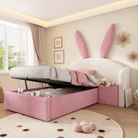 Bunny Ears Bed Hydraulic Storage Adorable Bed Bedrooms x 149W x 143H cm Beige+Pink Aosom UK