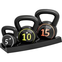 SPORTNOW Kettlebell Set with Storage Rack, 3-Piece Weights for Strength Training, Home Gym, 5lbs, 10lbs, 15lbs