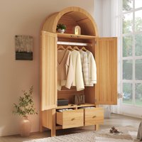Country-Style Rattan Wardrobe with Semi-Circular Storage Area, Stylish Storage Cabinet for Bedrooms and Entryways, 78L x 45W x 181H cm, Oak Aosom UK
