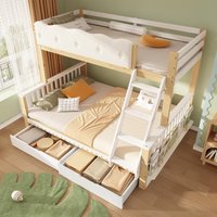 Playful Wooden Bunk Bed Frame Storage Drawers Solid Pine Twin Over Full Sleeper Bed Room x 140W x 154H cm Natural+White Aosom UK
