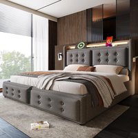 Practical Double Bed with Power 0utlets and USB Ports, Stylish Bed Frame with Gas-Lift Storage, 223L x 157W x 110H cm, Grey Aosom UK