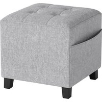 HOMCOM Square Footstool, Small Ottoman with Side Pocket, Linen Fabric Footrest Foot Stool with Rubber Wood Legs and Padded Seat for Living Room, Bedroom, Entryway, 35 x 35 x 35cm, Light Grey