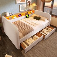 Functional Sofa Bed with 2 Smooth-Sliding Drawers, Modern Curved Daybed with LED Lighting, 197.5L x 107W x 70H cm, Beige Aosom UK
