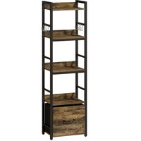 HOMCOM 4-Tier Bookshelf, Narrow Bookcase with Drawer, 8 Hooks, Metal Frame, Rustic Brown