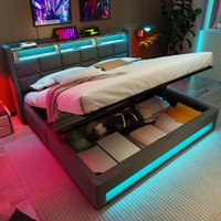 Vintage-Look King Bed with LED Lighting, Stylish Bed Frame with Gas-Lift Under-Bed Storage Space, 200L x 140W x 117H cm, Beige Aosom UK