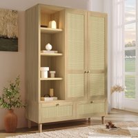 Rustic Oak Rattan Wardrobe with Clothes Rail and 2 Drawers, Wooden Armoire Closet Cabinet for Bedroom, 120L x 50W x 180H cm, Oak Aosom UK