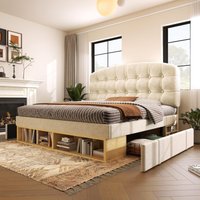 Upholstered King Bed Frame Button Tufted Headboard Storage Drawers Velvet Platform Bed Bedroom x 162W x 120H cm Aosom UK