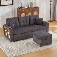 Modern Corduroy Sofa Bed Pull Out Bed Storage LED Lighting Plush Sleeper Couch Living Rooms × 82W × cm Dark Gray Aosom UK