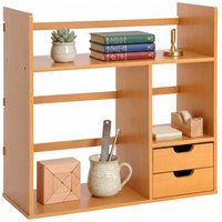 HOMCOM Desk Organiser, Bamboo Desktop Bookshelf with 2 Drawers and Stationery Storage, Reversible Use Aosom UK