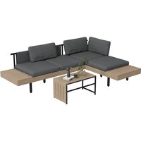 Outsunny 3-Piece Garden Corner Sofa Set with Wood-effect Table, 15cm Thick Cushions, HDPE Garden Furniture Set for Patio, Grey Aosom UK