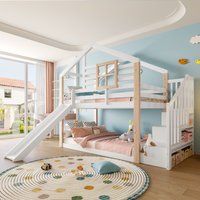 Modern Minimalist Bunk Bed Slide Storage Stairs Wood House Bed Siblings Sleepovers x 90W x 206H cm Aosom UK