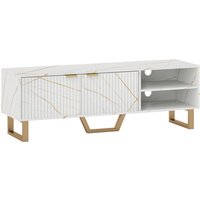 HOMCOM Marble Effect TV Unit, TV Stand Cabinet for up to 70" TVs, Modern TV Cabinet with Shelves and Storage Cupboard, Fluted Door, Extra Centre Leg, Cable Management for Living Room, White