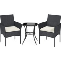 Outsunny 3 Piece Rattan Bistro Set, PE Wicker Garden Furniture Conversation Set with 2 Tier Glass-Top Table, Chairs, Cream White