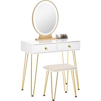 HOMCOM Dressing Table Set with LED Light, Round Mirror, Vanity Makeup Table with 2 Drawers and Cushioned Stool for Bedroom, White