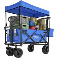 Outsunny Folding Trolley Cart Storage Wagon Beach Trailer 4 Wheels with Handle Overhead Canopy Cart Push Pull for Camping, Blue