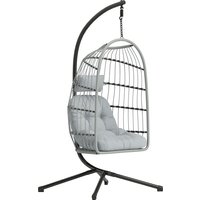 Outsunny Hanging Egg Chair, Indoor Outdoor Hammock Swing Chair with Stand, Safety Strap, Foldable Basket, Light Grey