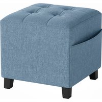 HOMCOM Small Ottoman, Square Footstool with Side Pocket, Rubber Wood Legs and Padded Seat for Living Room, Dark Blue