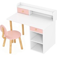 AIYAPLAY 2 Pieces Children Study Table with Hutch, Kids Desk and Chair Set with Storage Drawer, Shelves - Pink