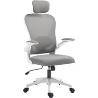 HOMCOM Bürostuhl Ergonomischer Schreibtischstuhl mit Hochklappbaren Armlehnen, Verstellbarer Lendenwirbelstütze, Kopfteil, Höhenverstellbarer Drehstuhl mit Wippfunktion, Netzbespannung Grau Aosom