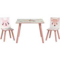 ZONEKIZ Kindertisch mit 2 Stühlen 3-teilig Kindersitzgruppe mit Tiermotiv, Kinder Tisch Stuhl Set Kindermöbel Sitzgruppe für Kinderzimmer, für 3-8 Jahren Kinder, Rosa Aosom