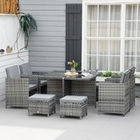 Outsunny 9PC Rattan Garden Furniture Set 8-seater Wicker Outdoor Dining Set Chairs + Footrest + Table Thick Cushion - Grey | Aosom Ireland