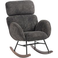 HOMCOM Upholstered Rocking Chair Adjustable Headrest Rocker Chair Raindrop Velvet Rubberwood Base Dark Grey