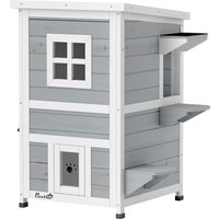 PawHut Wooden Cat House 2-Floor Outdoor Kitten Shelter with 3 Doors and Window Grey