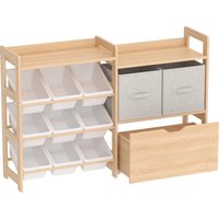 AIYAPLAY Wooden Toy Storage Unit with Rolling Toy Chest, 2 Fabric Drawers, 2 Shelves and 9 Bins for Bedroom, Playroom, Nursery