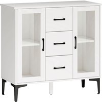HOMCOM Kommode Sideboard mit 3 Schubladen 2 Glastüren Modern Schubladenschrank mit verstellbaren Regalen Soft-Close-Scharnieren 90x38x86cm Aufbewahrungsschrank für Wohnzimmer Esszimmer Flur Weiß Aosom