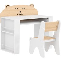 AIYAPLAY Kids Table and Chair Set with Side Bookshelves, Open Storage, Non-Slip Pads for 3-8 Y, Bedroom, Study Room, Bear-Themed