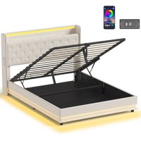 HOMCOM 5ft King Bed Frame with Headboard, Platform Bed Frame with Hydraulic Storage, LED Lights and Charging Station, White | Aosom Ireland
