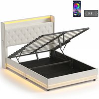 HOMCOM 4ft6 Double Bed Frame with Headboard, Platform Bed Frame with Hydraulic Storage, LED Lights and Charging Station, Cream | Aosom Ireland