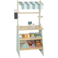 AIYAPLAY Wooden Toy Shop, Wooden Market Stall with Cash Register, Blackboard and Toy Food, 4 Storage Boxes, Ages 3+, Green