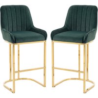 HOMCOM Bar Stools Set of 2 with Backrest, Footrest, Gold Electroplated Legs for Kitchen Island, Dining Room, Dark Green