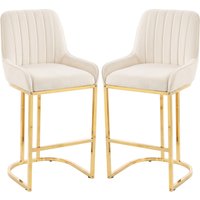 HOMCOM Bar Stools Set of 2 with Backrest, Footrest, Gold Electroplated Legs for Kitchen Island, Dining Room, Cream White