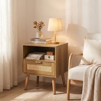 Boho Rattan Nightstand with Rattan Drawer, Open Shelf and Gold Handles, Mid-Century Bedside Table for Bedroom, 45L x 40W x 55H cm, Walnut Aosom UK