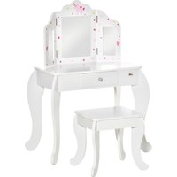 HOMCOM Kids Vanity Table & Stool Girls Dressing Set Make Up Desk Chair Dresser Play Set with Rotatable Mirrors Drawer Star & Heart Pattern White