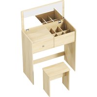 HOMCOM Vanity Desk with Mirror Dressing Table Drawer Set 6 Compartments Storage Stool White and Oak