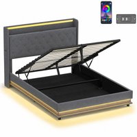 HOMCOM 5ft King Bed Frame with Headboard, Platform Bed Frame with Hydraulic Storage, LED Lights and Charging Station, Grey