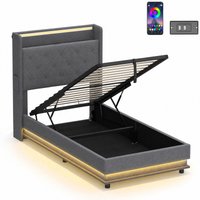 HOMCOM 3ft Single Bed Frame with Headboard, Platform Bed Frame with Hydraulic Storage, LED Lights and Charging Station, Grey