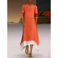 Linen Elegant A-line Casual Midi Dress Orange/S