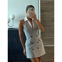 Female Sexy Mini Dress Grey Turn-Down Collar Sleeveless Backless Double Breasted Summer A-Line Dresses Woman 2025 Trendy