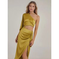 Woman Summer Sexy Asymmetric Satin Solid Yellow Long Dress Women Ruched Off Shoulder Elegant Dresses For Evening Party