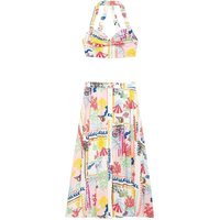 Female 2 Piece Set Sexy Buttons Backless Mini Sleeveless Sling Print Top+Chic High Waist Button Pocket Midi Skirt Mujer