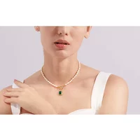 Gorgeous Natural Freshwater Pearls Chain Stainless Steel Square Luxury Cubic Zirconia Pendant Choker Necklace Waterproof