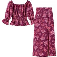 Summer Women's Pleated Skirt Set Fashion Red Fold One-Neck Long Sleeve Top+Casual High Waist Zipper Split Skirt Mujer