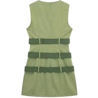  2025 Women's Fashion Street Dress Sleeveless Round Neck Army Green Belt Decoration Slim Cargo Sundress Vintage Trendy Dress