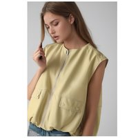 Women's Fashion Fall Cropped Tank Top Sleeveless Ruched Hem Zipper Patch Pocket Jacket Loose All Match Chic Top Coat